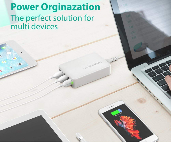  RAVPower 60W 12A 6-Port USB Desktop Charging Station with iSmart Technology White (RP-PC028WH)